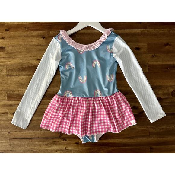NWT SweetHoney Skirted Leotard Dusty Blue Rainbows Pink Gingham Long Sleeve 12 - Picture 2 of 6